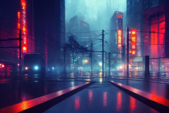 Cyberpunk Futuristic Tokyo City At Might With Japanese Neon Signs