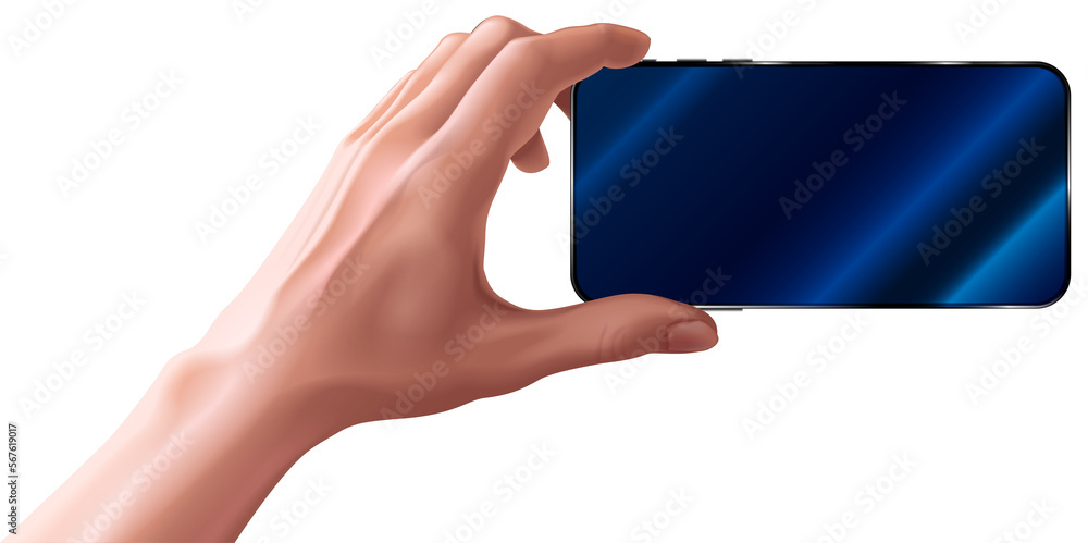 Aufkleber Hand holding horizontal mobile smartphone. Mock up black landscape orientation phone in hand. Empty screen phone. Template isolated cellphone. Man shooting photo or video.