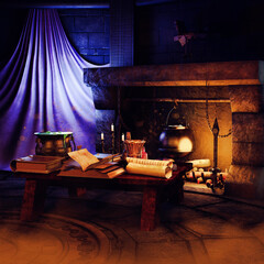 Fantasy room with a table with magic books, scrolls and a cauldron, and with a fireplace. 3D render in DAZ Studio. 