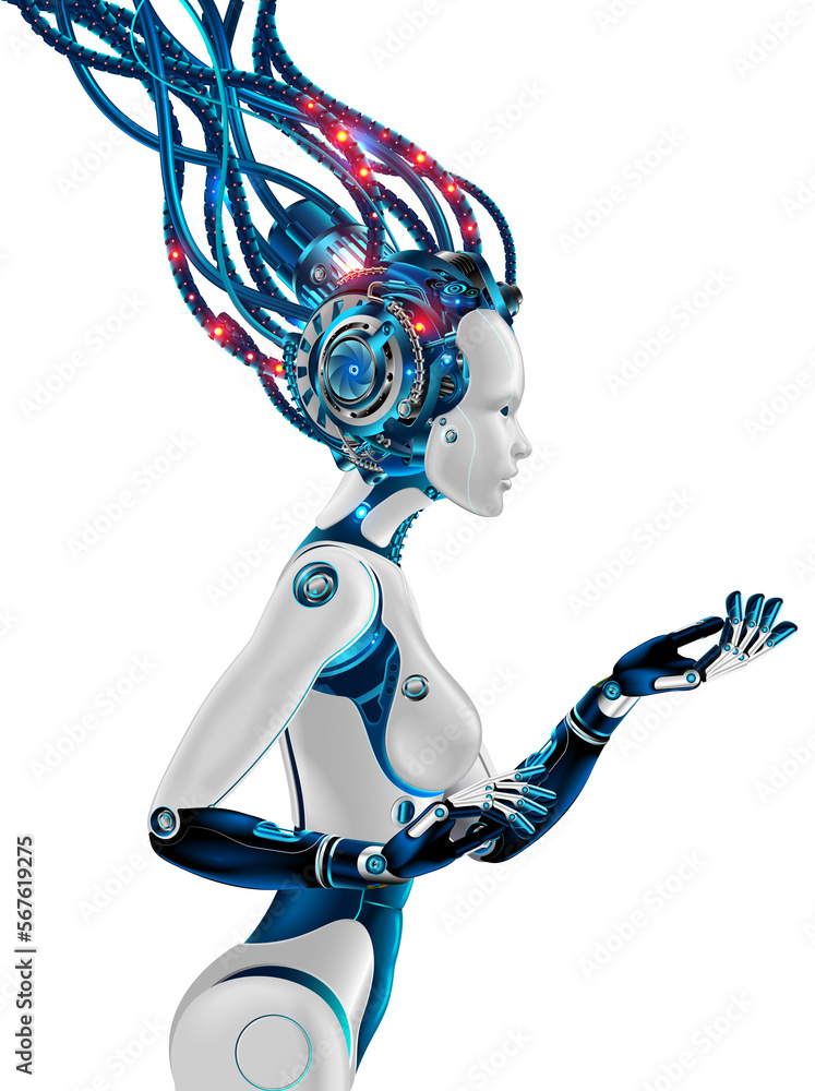 Poster AI or artificial ingredient in image robot woman holds an object in the palm of his hand. Cut out Mock up PNG. Beautiful Woman cyborg with artificial mind. Computer Neural network concept.