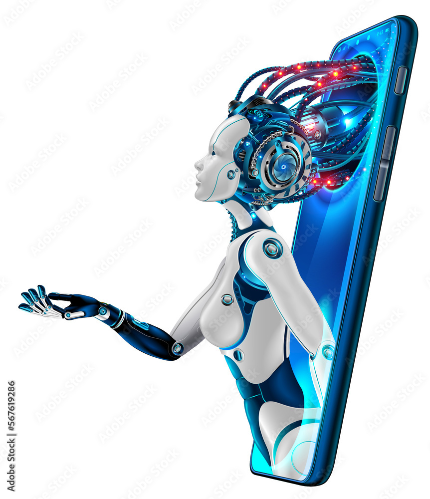 Poster Artificial intelligence provide access to information and data in online networks via smartphone. AI in the form of woman cyborg or bot coming out of the screen phone and offers to use digital mind