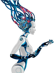 AI or artificial ingredient in image robot woman holds an object in the palm of his hand. Cut out Mock up PNG. Beautiful Woman cyborg with artificial mind. Computer Neural network concept.