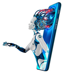 Artificial intelligence provide access to information and data in online networks via smartphone. AI in the form of woman cyborg or bot coming out of the screen phone and offers to use digital mind - obrazy, fototapety, plakaty
