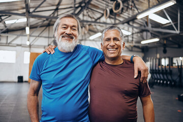 Senior men smile, gym portrait and teamwork motivation for diversity, friends hug or happiness for...