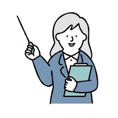 指し棒を持って指差しをする女性会社員　ブルー