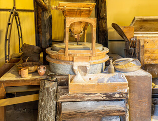 old flour mill vith vintage vehicle of producting flour , rustic traditional agriculture industry...