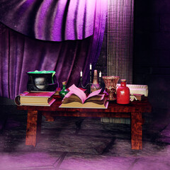 Fantasy scene with a table with books of magic, cauldron, potions, and a candelabra. 3D render in DAZ Studio. 