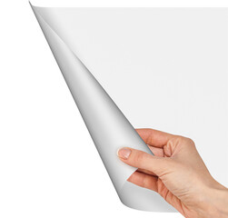 Hand opens a blank paper curl page on transparent background