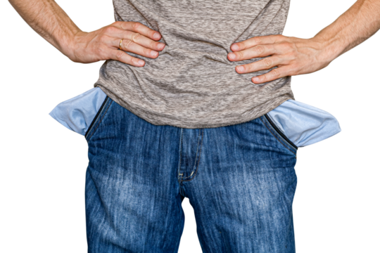 Man bankrupt. Hands with two empty pockets. Bankruptcy concept. png transpatent