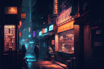 Cyberpunk futuristic Tokyo city at might with Japanese neon signs