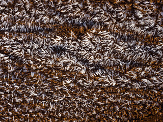 Frost crystals on a brown color surface. Winter cold season concept. Freezing weather. Selective focus. Nature background.