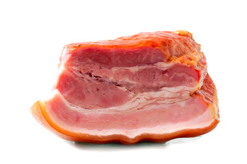Traditional smoked pork ham on white background. Classic meat product ready to eat with layers of meat and fat and delicate flavor. Polish and East European popular meal.