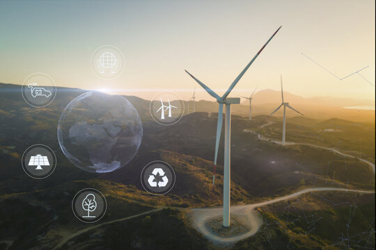 Wind turbine industry eco electricity energy concept. Electrical power plant ecology industrial manufacture