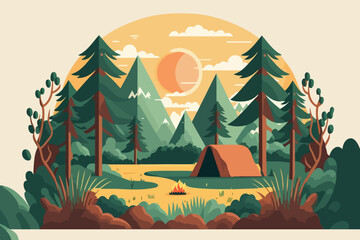 Camping in the forest. Vector illustration in flat design style. - obrazy, fototapety, plakaty