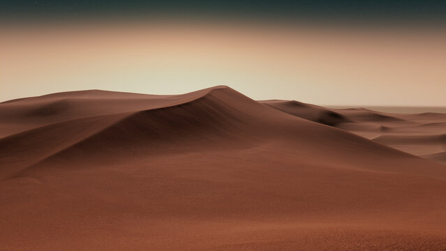 Rolling Sand Dunes form a Scenic Desert Landscape. Sunrise Background with Warm Gradient Starry Sky.