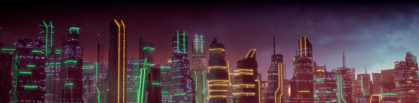 Sci-fi City Skyline with Orange and Green Neon lights. Night scene with Futuristic Superstructures.