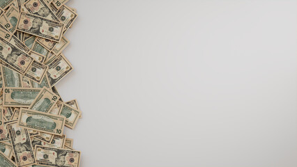 Ten Dollar Bills Border on White Surface. Savings Wallpaper with copy-space.