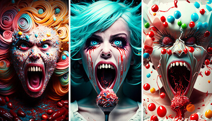 a group of candy demon inmates of the asylum of candyland demons, colorfull, smiles, fun High quality photo
