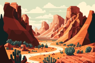 Fotobehang grand canyon. Desert landscape with mountains and river. Vector illustration in flat style © Vibrands Studio