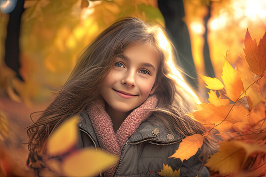 Happy young caucasian girl exploring woods in autumn season. Foliage, trees and sunset sunlight - Generative AI