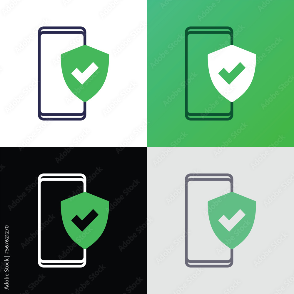 Poster safety confirmed: smartphone is protected by shield with check mark. thin line icon. modern vector i