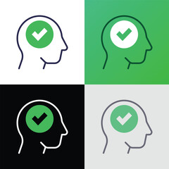 Idea approved thin line icon: check mark in human head. Right decision, positive solution. Vector illustration.