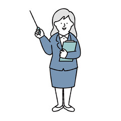  指し棒を持って指差しをする女性会社員　ブルー