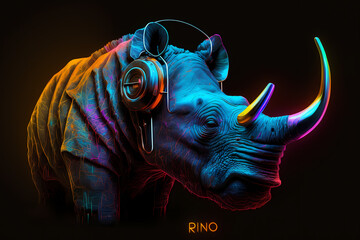 Neon fluorescent rhino dj. AI generation - obrazy, fototapety, plakaty