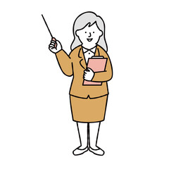  指し棒を持って指差しをする女性会社員　イエロー　全身