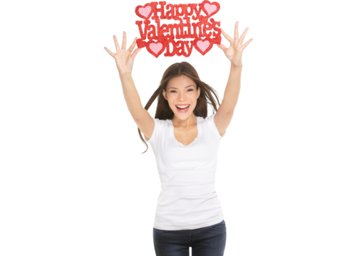 Woman showing Valentines day sign smiling happy, excited and elated. Ethnic Caucasian / Asian Chinese young woman isolated and cut out on white background in studio. - Powered by Adobe