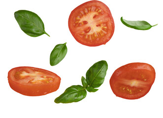 set of tomatoes and basil isolated png