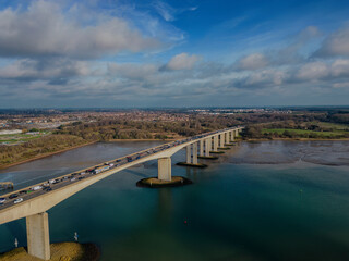 A high angle view of the Orwell Bridge near Ipswich, Suffolk, UK