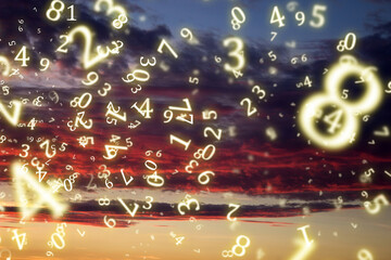 numerology, sky at sunset surrounded by numbers