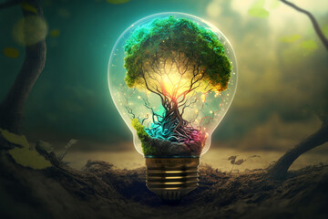 Tree growing in light bulb, sustainable energy saving and earth day environment concept. Generative AI.