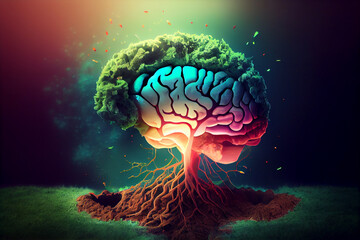 Beautiful illustration of the symbolic magic tree of life.The human brain bursts into colorful tree roots. Generative AI.