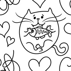cat and fish seamless abstract pattern background fabric design print wrapping paper digital illustration texture wallpaper 
