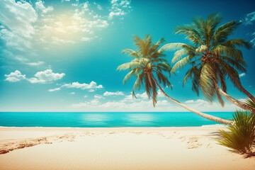 Obraz na płótnie Canvas Summer background, nature of tropical beach with rays of sun light. Golden sand beach, palm tree, sea water against blue sky with white clouds. Copy space, summer vacation concept 