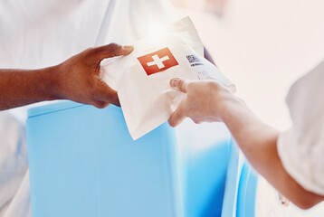 Hands, medical package and delivery closeup in home for woman, man or service for wellness....