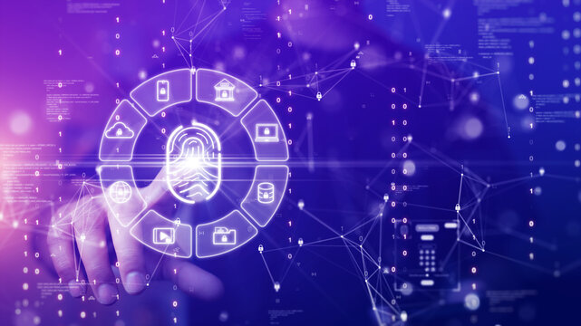 The concept of technology for logging in using fingerprint scanning electronic devices to access transaction applications through smartphones. Finger scan has polygon binary code icon on background.