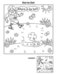 Where is my hat? St. Patrick's Day themed connect the dots picture puzzle and coloring page with leprechaun and his hat. Answer included.
