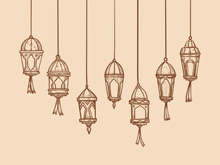 set collection of vector ramadan lantern lights lamp in sketch hand drawing style for islamic ramadhan and eid celebration greeting illustration design