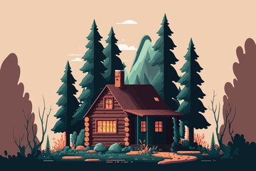 wood cabin. Wooden house in the forest. Vector illustration