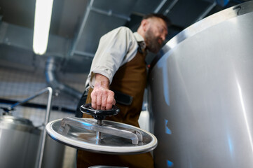 Male brewer in apron looking inside beer tank to control brewing process