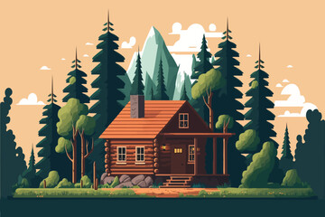 wood cabin. Wooden house in the forest. Vector illustration