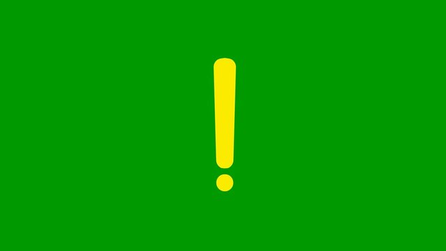 Animated yellow symbol of exclamation mark. Radiance from rays around symbol. Concept of warning, attention, information. Looped video. Vector illustration isolated on a green background.