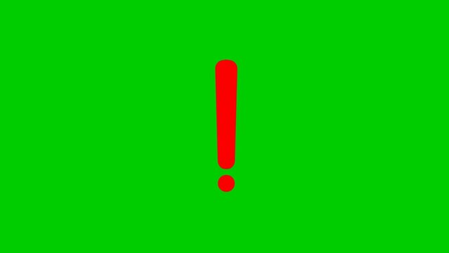 Animated red symbol of exclamation mark. Radiance from rays around symbol. Concept of warning, attention, information. Looped video. Vector illustration isolated on a green background.