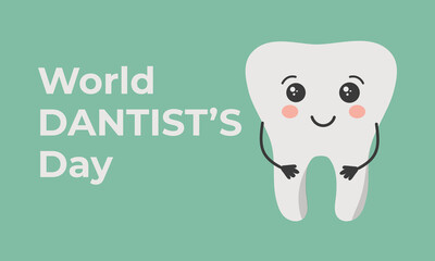 National Dentist Day in cartoon flat children's style. Postcard  and Poster, Horizontal festive banner for web design and print. Cute and happy smiling tooth. 