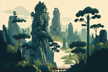 Zhangjiajie Forest Park china. Landscape of mountains and forest. Vector illustration - obrazy, fototapety, plakaty