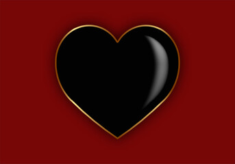 Happy Valentines Day with black heart and gold list. Dark Red background. Vector illustration
