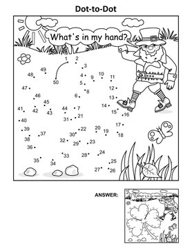 St. Patrick's Day themed connect the dots picture puzzle and coloring page with clover leaf and leprechaun. Answer included.
